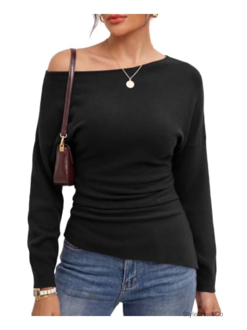 Off Shoulder Sweater Long Sleeve Cinched Waist Knit Top Women's Pullover